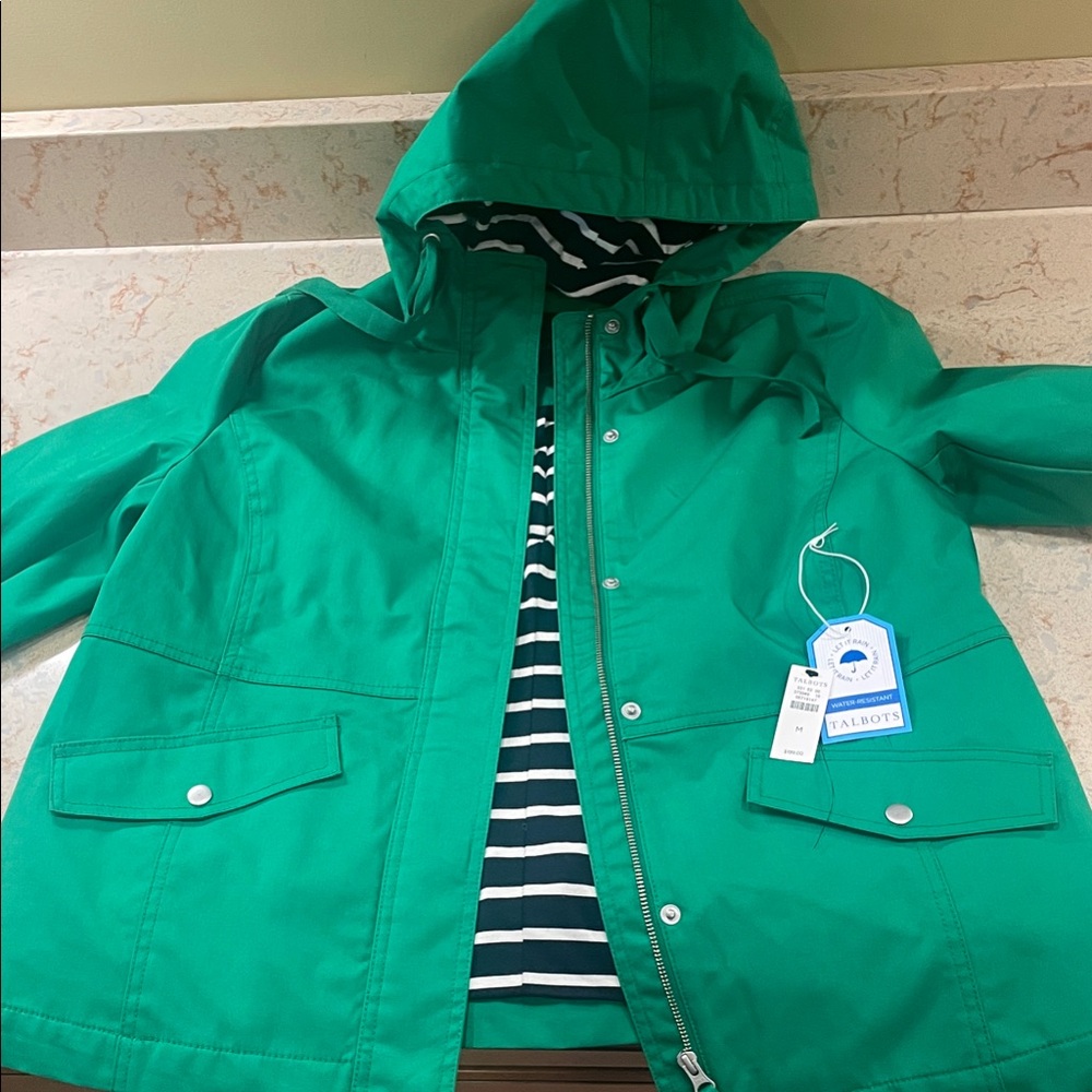 Talbots Vibrant Green Hooded Raincoat with Striped Interior